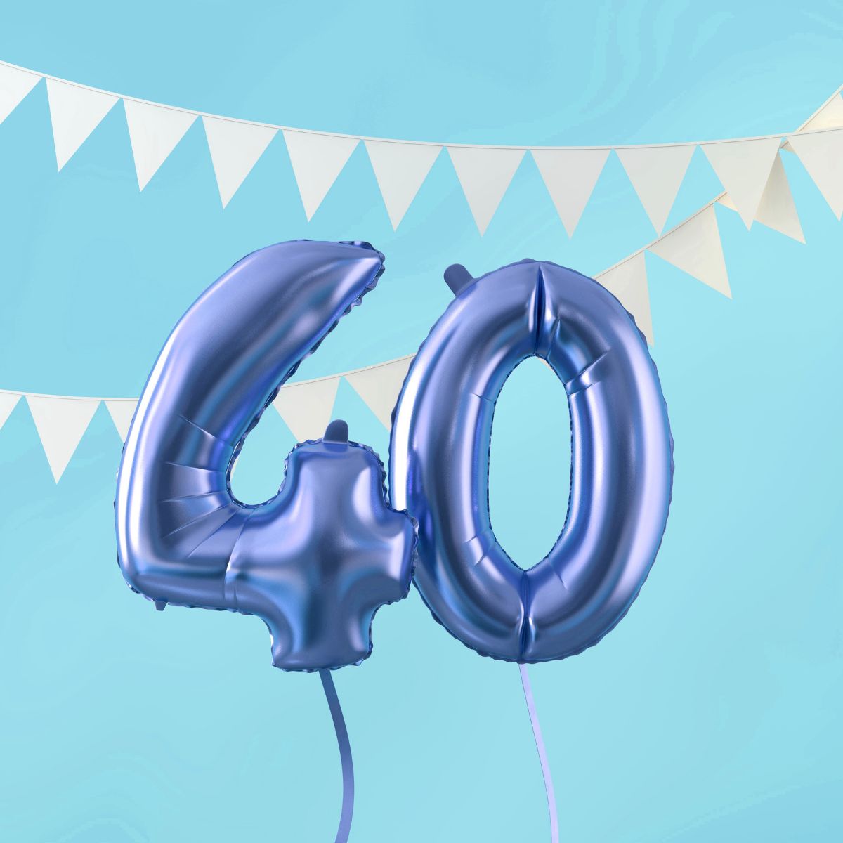 Blue foil balloons shaped as the number 40 gleam against a light blue background with white bunting, making them a perfect addition to 40th birthday gifts for men.