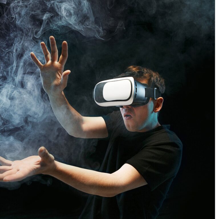 A person immersed in virtual reality stands enveloped by swirling smoke, their hands raised in an expressive gesture, embodying the essence of a digital dreamscape.