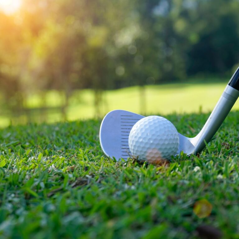 A golf club is positioned behind a golf ball on grass, with sunlight filtering through trees in the background.