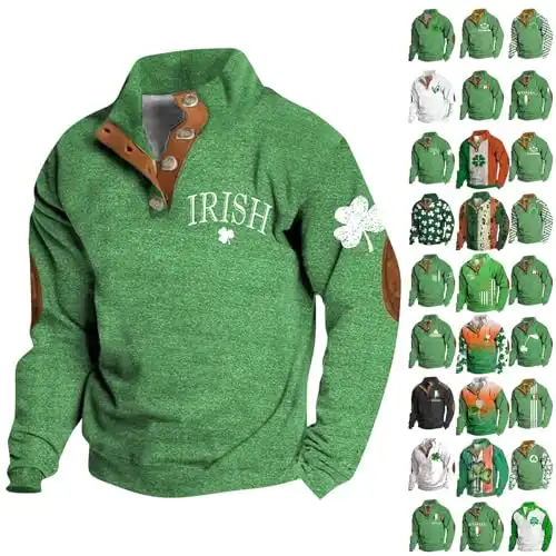 St Patricks Day Sweatshirt Men Retro Irish Flag Shamrock Shirts Stand Collar Mens Long Sleeve Clover Irish Shirt Pullover