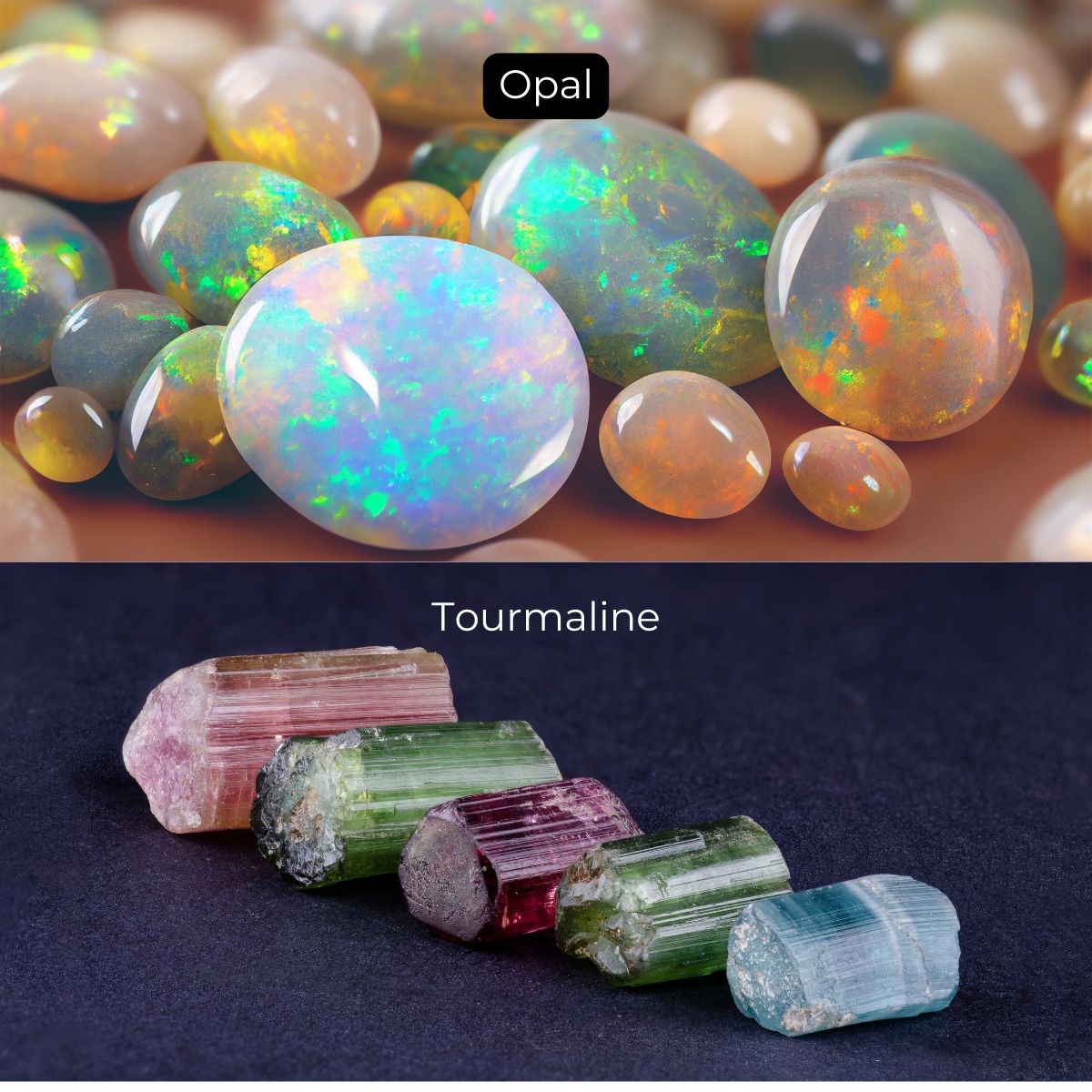 On the top, opals shimmer with iridescent colors, embodying the allure of October birthstone jewelry; below, variously colored rough tourmaline stones add a vibrant touch.
