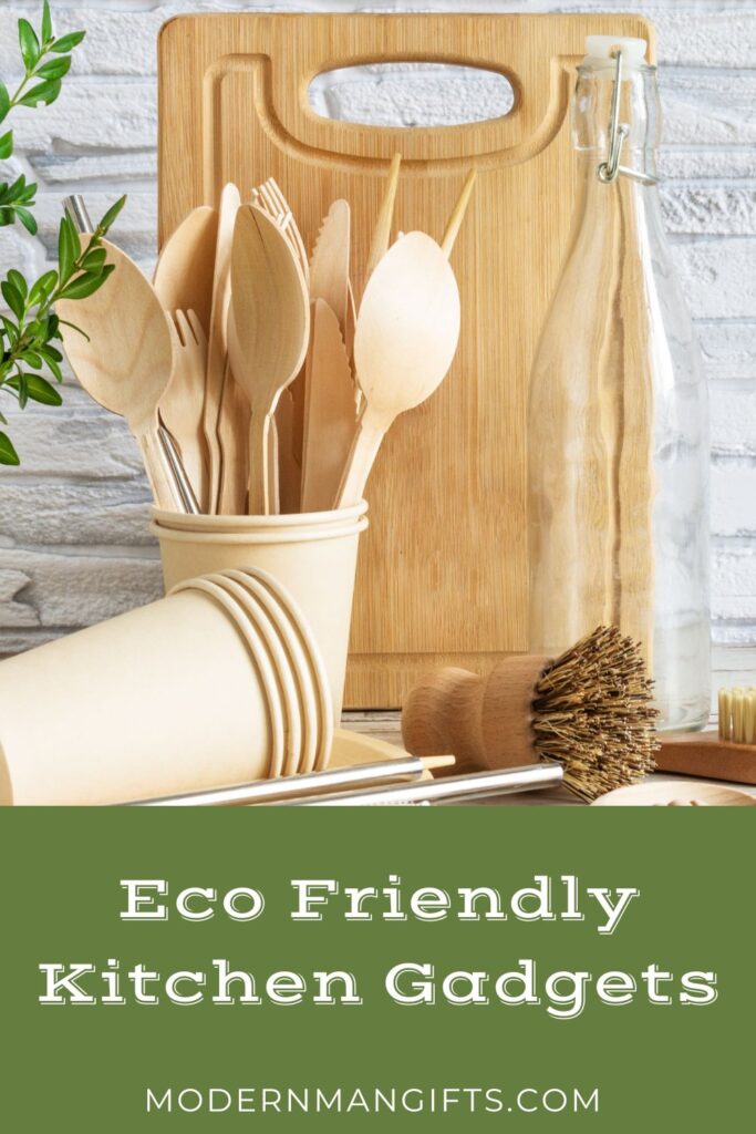 Discover eco-friendly kitchen gadgets like bamboo utensils, a glass bottle, and a wooden scrub brush, all artfully displayed on a wooden board.